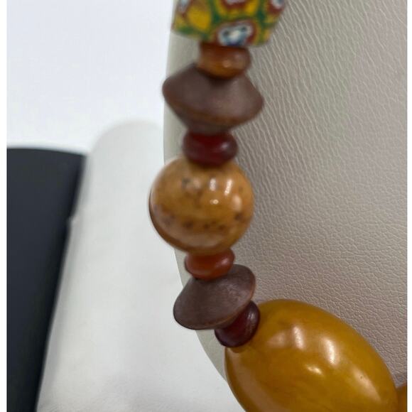 Sterling Silver Millefiori African Trade Bead Yellow Bakelite Amber Necklace - Picture 12 of 14